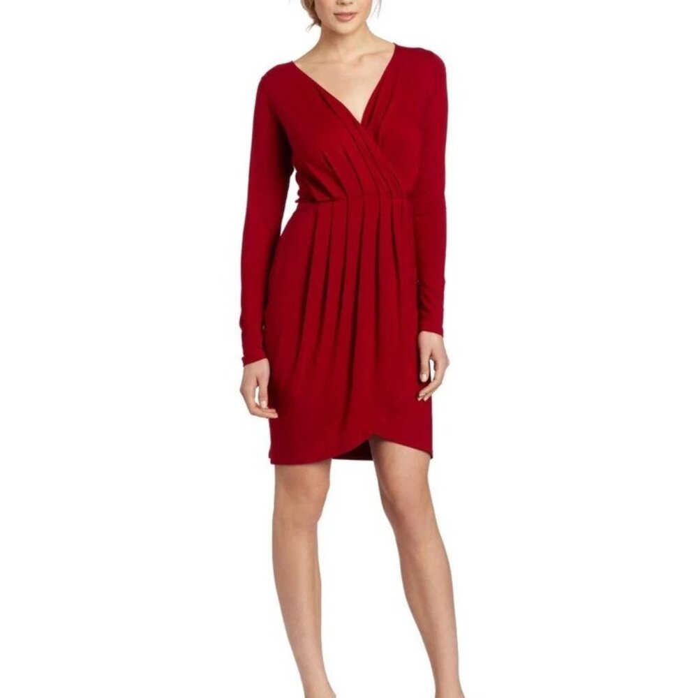 Karen Kane Red Faux Wrap Pleated Stretch Jersey Midi Long Sleeve Dress Sz Medium